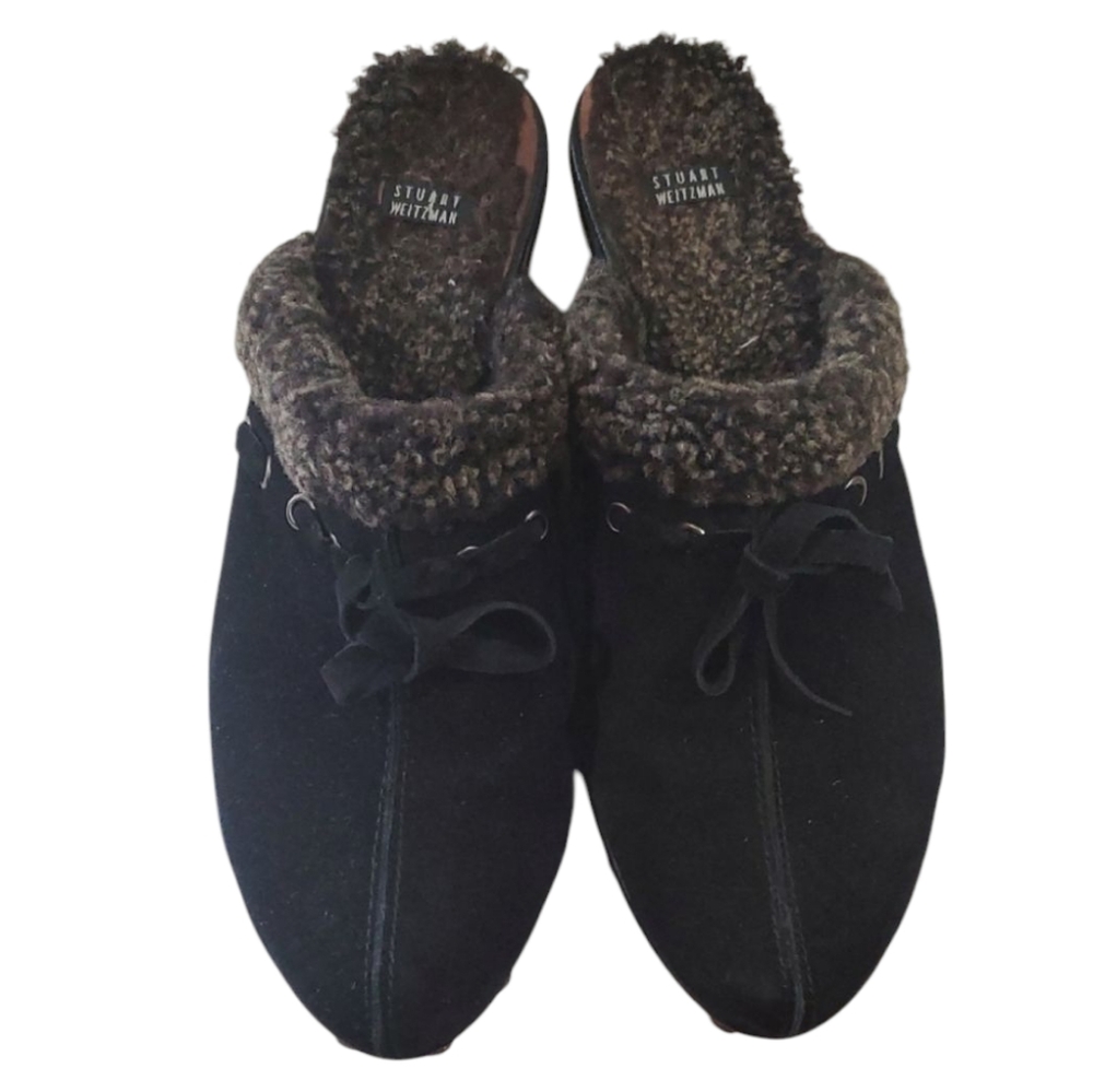 Stuart Weitzman Black Fur-Lined Knitted Slippers Clogs